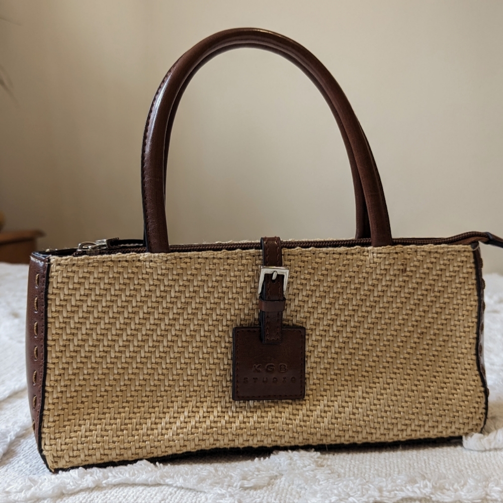 KGB STUDIO handbag. Vegan leather and woven fabric.